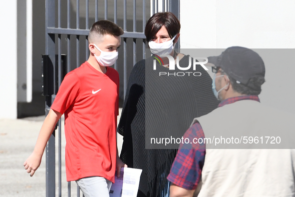 Students leaving college on the first day of school on September 1, 2020 in Chateaubriant, in western France. Due to the coronavirus epidemi...