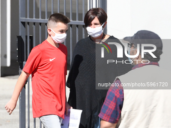 Students leaving college on the first day of school on September 1, 2020 in Chateaubriant, in western France. Due to the coronavirus epidemi...