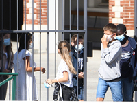 Students leaving college on the first day of school on September 1, 2020 in Chateaubriant, in western France. Due to the coronavirus epidemi...