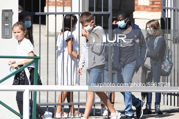 Students leaving college on the first day of school on September 1, 2020 in Chateaubriant, in western France. Due to the coronavirus epidemi...