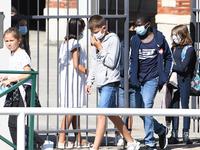 Students leaving college on the first day of school on September 1, 2020 in Chateaubriant, in western France. Due to the coronavirus epidemi...