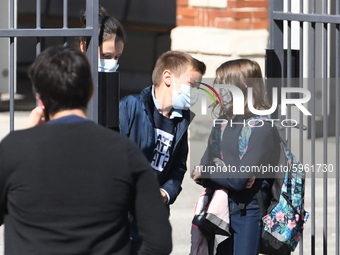 Students leaving college on the first day of school on September 1, 2020 in Chateaubriant, in western France. Due to the coronavirus epidemi...