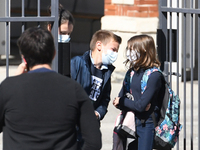 Students leaving college on the first day of school on September 1, 2020 in Chateaubriant, in western France. Due to the coronavirus epidemi...