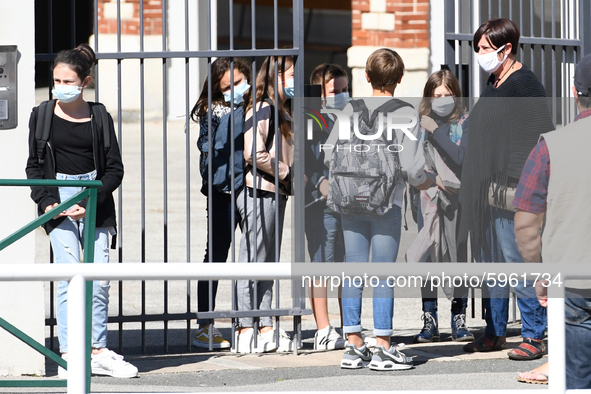 Students leaving college on the first day of school on September 1, 2020 in Chateaubriant, in western France. Due to the coronavirus epidemi...