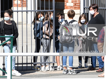 Students leaving college on the first day of school on September 1, 2020 in Chateaubriant, in western France. Due to the coronavirus epidemi...