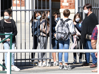 Students leaving college on the first day of school on September 1, 2020 in Chateaubriant, in western France. Due to the coronavirus epidemi...