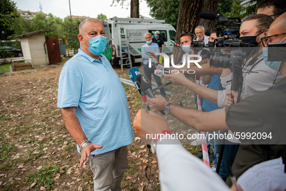 Paolo Limonta attends the installation of the first temporary class modules to increase security during the Coronavirus (Covid-19) pandemic...