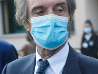 The President of Lombardy Region Attilio Fontana speaks to journalists during the visit to the Lagrange Institute in Milan during the reopen...