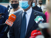 The President of Lombardy Region Attilio Fontana speaks to journalists during the visit to the Lagrange Institute in Milan during the reopen...