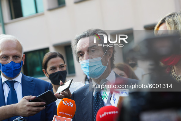 The President of Lombardy Region Attilio Fontana speaks to journalists during the visit to the Lagrange Institute in Milan during the reopen...