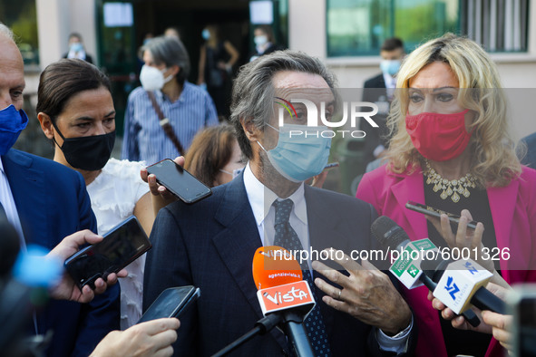 The President of Lombardy Region Attilio Fontana speaks to journalists during the visit to the Lagrange Institute in Milan during the reopen...