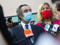 The President of Lombardy Region Attilio Fontana speaks to journalists during the visit to the Lagrange Institute in Milan during the reopen...