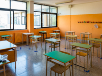 A classroom ready with the spacing and horizontal signage of the desks in the Don Tonino Bello High School in Molfetta on 16th September 202...