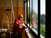 A janitor cleaning and disinfecting desks and the classroom in the Don Tonino Bello High School in Molfetta on 16th September 2020.
The reo...