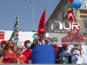 The secretary of the Cgil Maurizio Landini speaks during the demonstration of Trade Unions CGIL, CISL And UIL In Naples, Italy, on September...