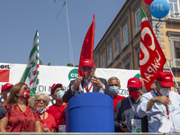 The secretary of the Cgil Maurizio Landini speaks during the demonstration of Trade Unions CGIL, CISL And UIL In Naples, Italy, on September...