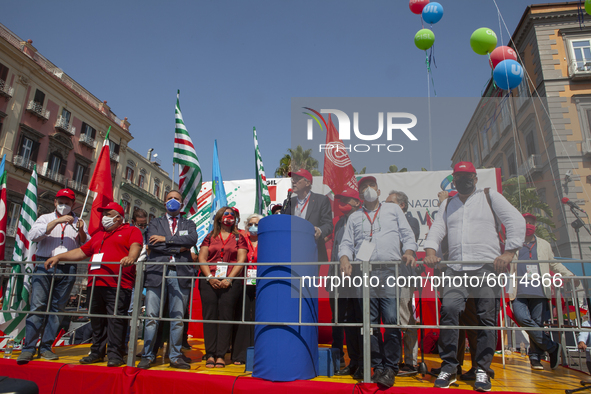 The secretary of the Cgil Maurizio Landini speaks during the demonstration of Trade Unions CGIL, CISL And UIL In Naples, Italy, on September...