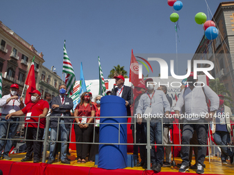 The secretary of the Cgil Maurizio Landini speaks during the demonstration of Trade Unions CGIL, CISL And UIL In Naples, Italy, on September...