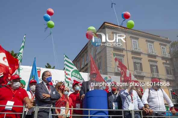 The secretary of the Cgil Maurizio Landini speaks during the demonstration of Trade Unions CGIL, CISL And UIL In Naples, Italy, on September...