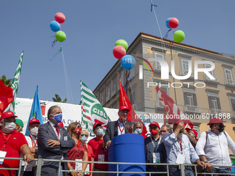 The secretary of the Cgil Maurizio Landini speaks during the demonstration of Trade Unions CGIL, CISL And UIL In Naples, Italy, on September...