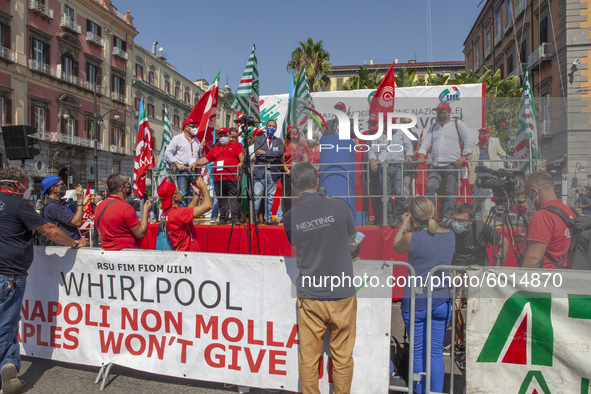 The secretary of the Cgil Maurizio Landini speaks during the demonstration of Trade Unions CGIL, CISL And UIL In Naples, Italy, on September...