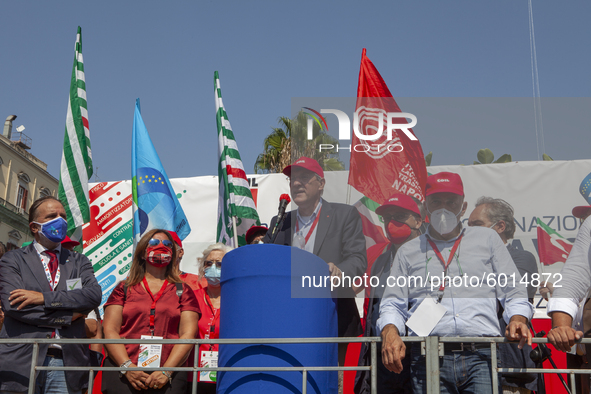 The secretary of the Cgil Maurizio Landini speaks during the demonstration of Trade Unions CGIL, CISL And UIL In Naples, Italy, on September...