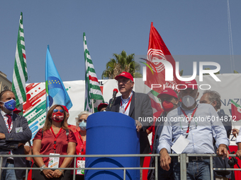 The secretary of the Cgil Maurizio Landini speaks during the demonstration of Trade Unions CGIL, CISL And UIL In Naples, Italy, on September...