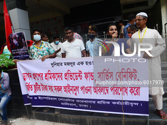 Garments workers of Dragon Group stage a demonstration in front of Department of Labor building demanding their due payment in Dhaka, Bangla...