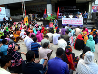 Garments workers of Dragon Group stage a demonstration in front of Department of Labor building demanding their due payment in Dhaka, Bangla...