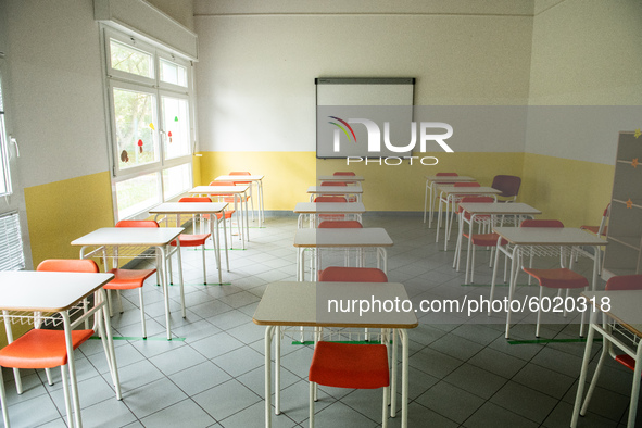 A school ready to reopen in L'Aquila, Italy, on September 21, 2020. Schools reopens in Abruzzo and other italian regions on September 24 aft...