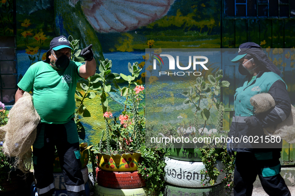 Mr. Botache and Mrs. Stella, during a work day on the recycling route in the town of San Cristóbal, in Bogota, Colombia on September 9, 2020...