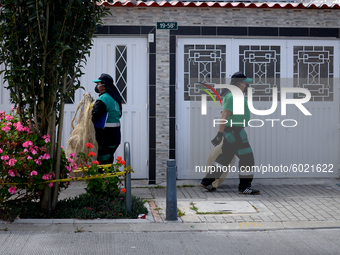 Mr. Botache and Mrs. Stella, during a work day on the recycling route in the town of San Cristóbal, in Bogota, Colombia on September 9, 2020...