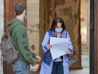 Students of the Liceo Scientfico of Rieti, Italy on 24 September 2020 at the entrance. Reopening for schools that have postponed the start o...