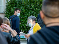 Students of the Liceo Scientfico of Rieti, Italy on 24 September 2020 at the entrance. Reopening for schools that have postponed the start o...