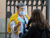 Students of the Liceo Scientfico of Rieti, Italy on 24 September 2020 at the entrance. Reopening for schools that have postponed the start o...