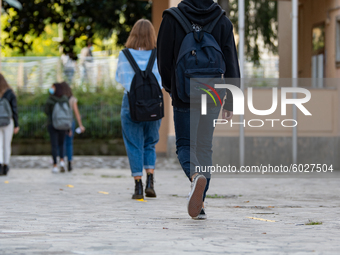 Students of the Liceo Scientfico of Rieti, Italy on 24 September 2020 at the entrance. Reopening for schools that have postponed the start o...