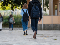 Students of the Liceo Scientfico of Rieti, Italy on 24 September 2020 at the entrance. Reopening for schools that have postponed the start o...