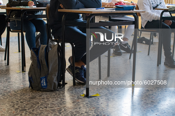 Classrooms with the desks at a safe distance of the institute of surveyors in Rieti, Italy on 24 September 2020. Reopening for schools that...