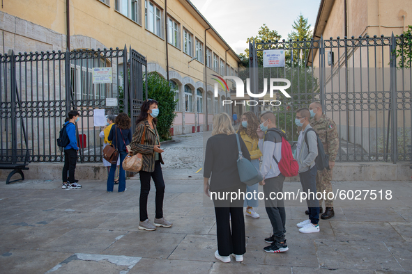 Students of the Liceo Scientfico of Rieti, Italy on 24 September 2020 at the entrance. Reopening for schools that have postponed the start o...