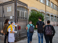 Students of the Liceo Scientfico of Rieti, Italy on 24 September 2020 at the entrance. Reopening for schools that have postponed the start o...