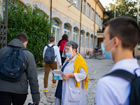 Students of the Liceo Scientfico of Rieti, Italy on 24 September 2020 at the entrance. Reopening for schools that have postponed the start o...