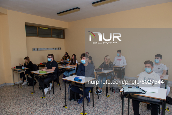 Classrooms with the desks at a safe distance of the institute of surveyors in Rieti, Italy on 24 September 2020. Reopening for schools that...