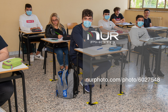 Classrooms with the desks at a safe distance of the institute of surveyors in Rieti, Italy on 24 September 2020. Reopening for schools that...