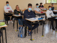 Classrooms with the desks at a safe distance of the institute of surveyors in Rieti, Italy on 24 September 2020. Reopening for schools that...