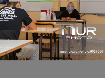 Classrooms with the desks at a safe distance of the institute of surveyors in Rieti, Italy on 24 September 2020. Reopening for schools that...