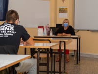 Classrooms with the desks at a safe distance of the institute of surveyors in Rieti, Italy on 24 September 2020. Reopening for schools that...