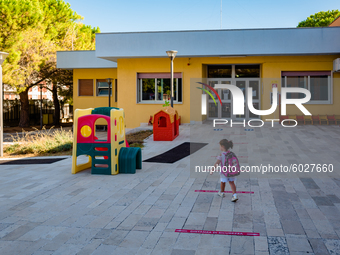 A little girl on her way to school on the first day of school in Molfetta on 24 September 2020.
The return to school for children attending...