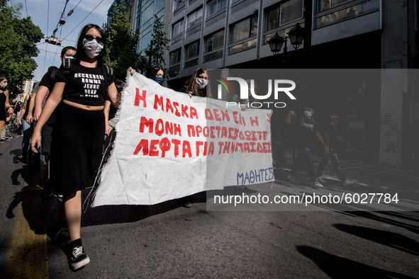 Students protest in Athens, Greece on September 24, 2020. They ask from the government to give money for education, to reduce the number of...