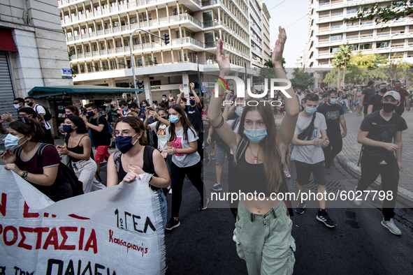 Students protest in Athens, Greece on September 24, 2020. They ask from the government to give money for education, to reduce the number of...