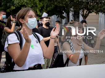 Students protest in Athens, Greece on September 24, 2020. They ask from the government to give money for education, to reduce the number of...